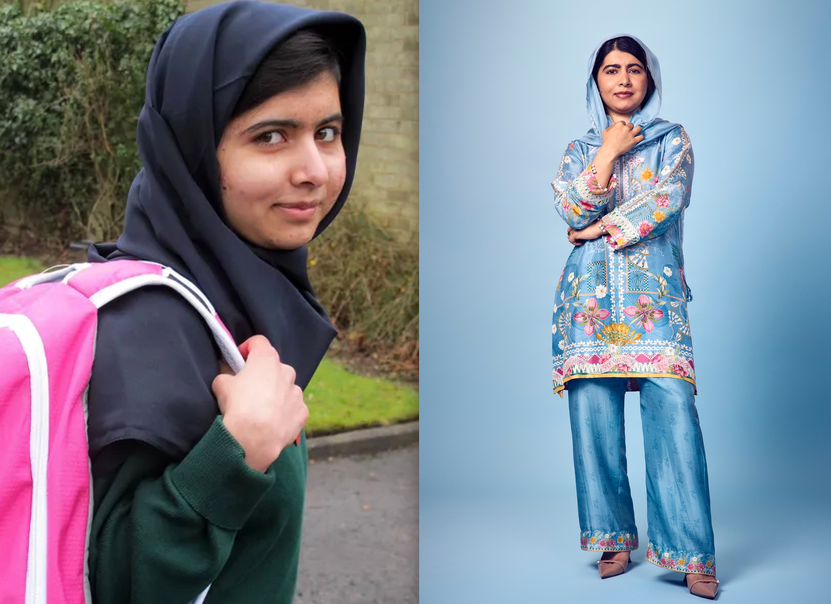 Malala, con 15 años, cuando iba a la escuela en Pakistán. Y ahora, con 28 años, como gestora de su fundación.