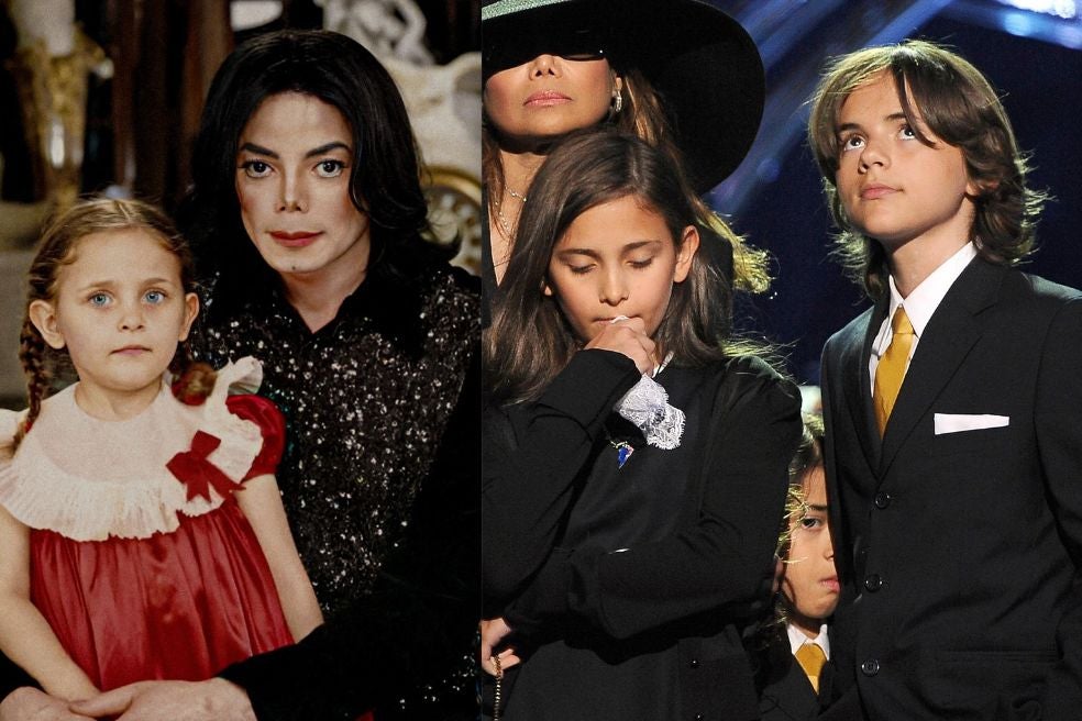 Paris, con su padre en Neverland y, a la derecha, con sus dos hermanos, Prince Michael I y Prince Michael II (escondido entre ellos), en el funeral de Michael Jackson en 2009.