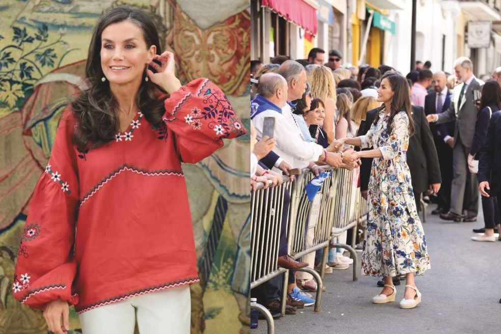 Varias veces la Reina Letizia ha mostrado su apoyo a Ucrania vistiendo la tradicional vyshyvanka bordada. Y también ha hecho un guiño a los damnificados de la dana de Valencia utilizando prendas como el vestido camisero de estampado floreado de la derecha, de una marca de Valencia afectada por el desastre.