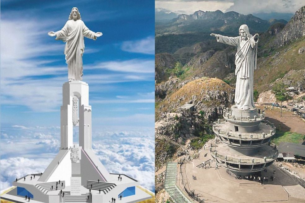 A la izquierda, la imagen virtual del Cristo armenio que, cuando se termine la construcción, será el monumento a Jesús más alto del mundo, con casi 100 metros, incluyendo el pedestal. A la derecha, el Cristo de Buntu Burake en Indonesia, que se eleva sobre una plataforma de observación hasta los 60 metros. La escultura de Cristo, en sí misma, no es la más grande. Todo es cuestión de plataformas y peanas.