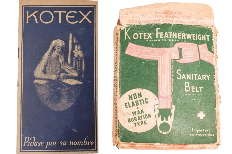 La primera compresa, Kotex, en 1919, no era adhesiva y había que usarla con un cinturón. La menstruación era tabú. Decir «compresas» en voz alta era impensable. Se animaba a las mujeres a pedirlas por el nombre de la marca comercial.