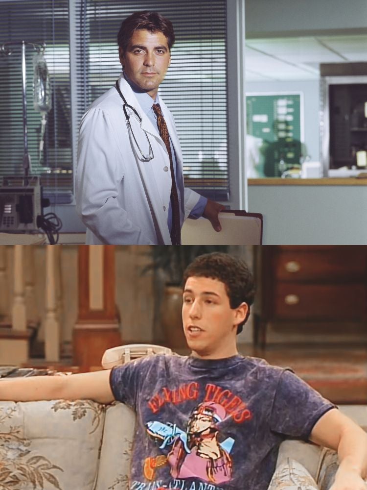 Representan dos vías opuestas de lograr el éxito. El camino de Clooney fue lento. Le costó horrores alcanzar estatus como actor, ya que fue encadenando papeles irrele-vantes en series y películas de medio pelo hasta que, a los 33, triunfó con Urgencias. Sandler, por su parte, es un cómico hecho a sí mismo que comenzó a hacer stand-up comedy en bares y clubes con 17 años; con 23 ya era guionista del mítico Saturday night live; un año después comienza a actuar ante la cámara; y antes de cumplir los 30 estrena la primera película con el estilo de humor —absurdo y deliberadamente infantil sobre niños grandes que no encajan en un mundo adulto—, que lo convirtió en megacelebridad.