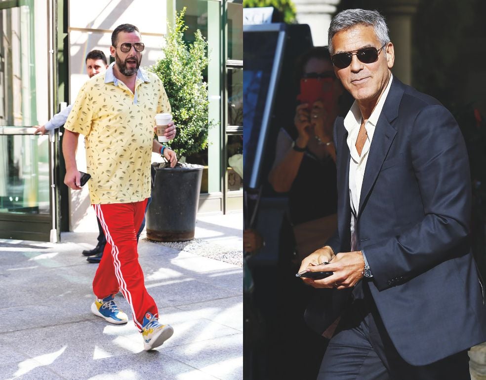 No podrían ser más diferentes en su forma de vestir, pero en algo coinciden: la moda no les quita el sueño. El estilo de Clooney es atemporal, con trajes a medida y camisas en colores neutros; es el último dandy de Hollywood, un heredero de Cary Grant. Todo lo contrario al estilo delibe-radamente descuidado de su amigo Sandler. Camisetas, shorts, zapatillas deportivas... Así va a alfombras rojas o eventos de lujo. «Me visto para estar cómodo, no para gustar», explica.
