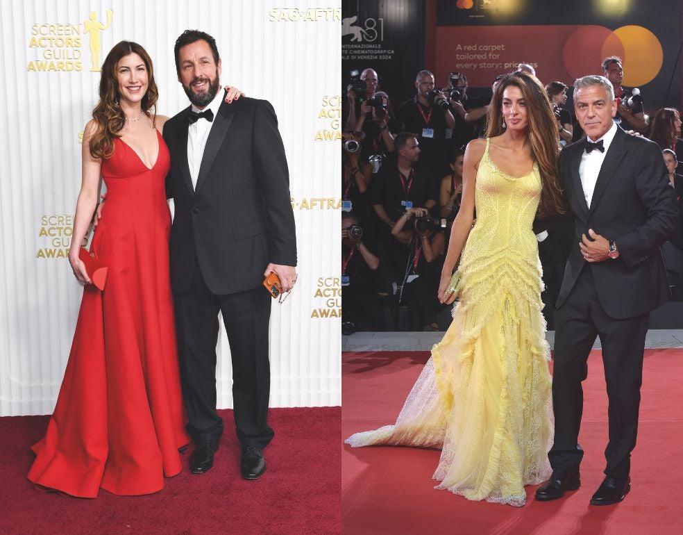 Jackie Sandler, exmodelo y actriz, se casó con Adam en 2003 y tienen dos hijas. Se conocieron en el rodaje de Un papá genial, en 1999, donde ella logró un pequeño papel y ya era —confiesa— fan de él. Desde entonces ha aparecido en casi todas sus películas. Por ella, Sandler hasta se pone esmoquin. Amal Clooney es abogada de derechos humanos. George y ella se conocieron en 2013 en una cita organizada por el representante del actor. «Va a ir un amigo a verte; va acompañado de la mujer con la que te vas a casar», le dijo. Y sí, se casaron un año después y en 2017 tuvieron gemelos.