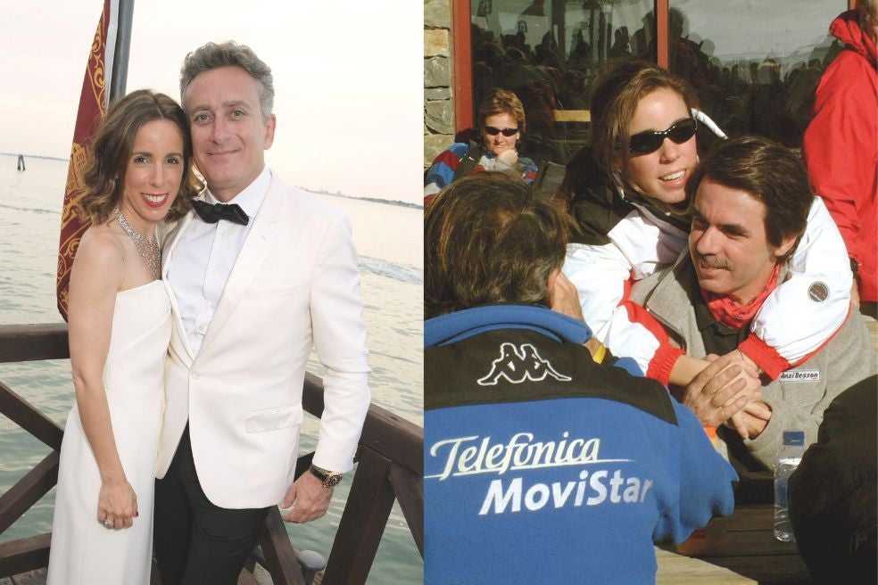 Ana Aznar y su marido, Alejandro Agag, en Venecia durante un evento de la E1, la 'Fórmula 1 del mar', un campeonato de lanchas rápidas eléctricas que compiten en circuitos urbanos acuáticos, competición promovida por Agag. A la derecha: Ana con su padre, José María Aznar, durante unas vacaciones de invierno en 2001.